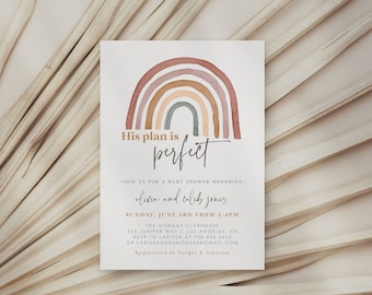 His Plan Is Perfect, Rainbow Baby Shower Invitation, boho gender neutral baby shower invitation, digital download Editable Template, 162