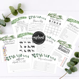 Puede incluir: Un conjunto de tarjetas de juego de baby shower imprimibles con un diseño de hoja de eucalipto verde. Los juegos incluyen "What's in Your Purse?", "Baby Shower Emojictionary", "Who is My Mama?", "Shower Libs: Advice for the Mom-to-Be", "Things for Baby", "Baby Word Scramble", "Baby Shower Bingo", "Baby Shower Price is Right" y "Mommy or Daddy?".