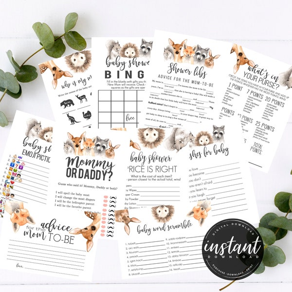 Woodland Baby Shower Games Bundle, Woodland Animal Baby Shower Games, Instant Download Baby Shower Game, Printable, Baby Shower games, AG-47