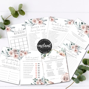 Boho Rose Bridal Shower Games Bundle, Floral Bridal Shower Games, Instant Download Bridal Shower Game, Printable, Shower games instant, 50