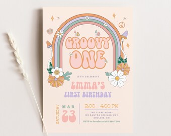 Groovy One Birthday Invitation Template, Hippie Rainbow 70s Vibe Birthday Invite Printable, Editable Template Canva, 186