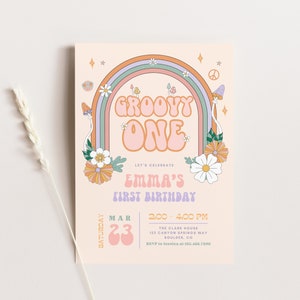 Groovy One Birthday Invitation Template, Hippie Rainbow 70s Vibe Birthday Invite Printable, Editable Template Canva, 186