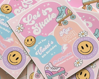 Uitnodiging voor verjaardagsfeestje rolschaatsen, rolschaatsen verjaardagsuitnodiging, skate ijsbaan verjaardag meisje retro regenboog 4e 5e 6e 7e 8e