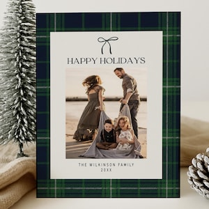 Navy Green Plaid Christmas Card Template | Tartan Holiday Photo Card | Classic Preppy Christmas Canva Template | Editable Printable Card image 1