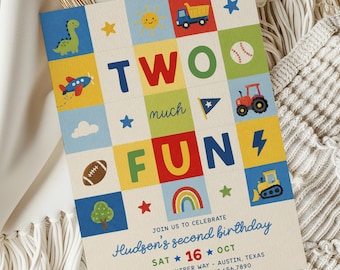 Two Much Fun Birthday Invitation, Boy 2nd Birthday Invite, Colorful Retro Birthday Party, Editable 5x7 Canva Template 356