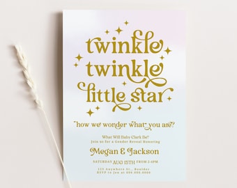 Twinkle Twinkle Little Star Gender Reveal Invitation Editable Template, Gender Reveal Party Template, Retro Gold Stars Gender Reveal Invite