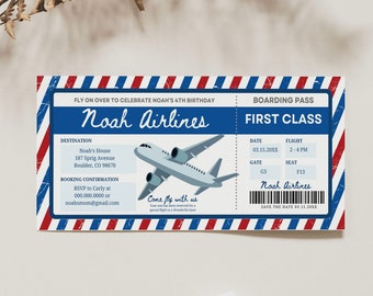 Airplane Ticket Invite, Plane Birthday Ticket Invitation, Blue Boy 1st Boarding Pass, Digital Editable Printable, Instant Download Canva