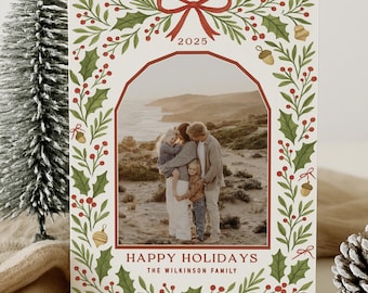 Greenery Bow Holiday Photo Card Template | Christmas Card Canva Template | Editable Happy Holidays Family Card | Printable Xmas Card Photo