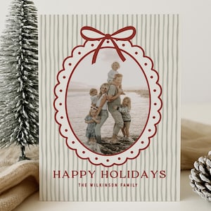 Scalloped Frame Holiday Photo Card Template | Christmas Bow Stripe Family Photo Card | Editable Canva Happy Holidays Template | Instant image 1