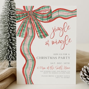 Inbjudan till julfest med rutig rosett, redigerbar Canva-mall, Jingle and Mingle-julinbjudan, rött och grönt utskrivbart kort med akvarellband