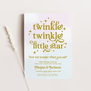 Twinkle Twinkle Little Star Gender Reveal Invitation Editable Template, Gender Reveal Party Template, Retro Gold Stars Gender Reveal Invite