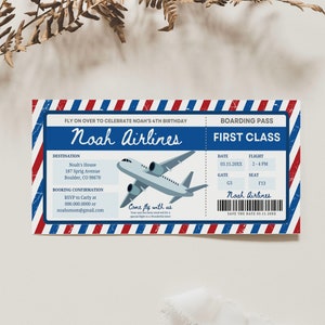 Invitation de billet d'avion, invitation de billet d'anniversaire d'avion, 1ère carte d'embarquement pour garçon bleu, impression numérique modifiable, téléchargement immédiat Canva