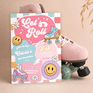 Roller Skate Birthday Party Invitation, Retro Rainbow Design (Digital Download)