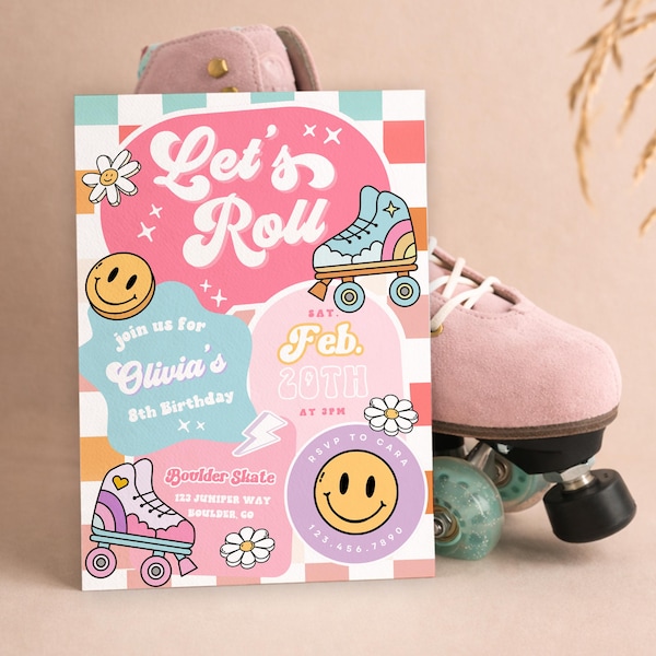 Roller Skate Birthday Party Invitation, Retro Rainbow Design (Digital Download)