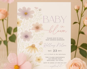 Baby in Bloom Invitation, Wildflowers Baby Shower Invitation, Purple Pink Flower Invitation, Wild Flower Invite, Floral Baby Brunch Invite