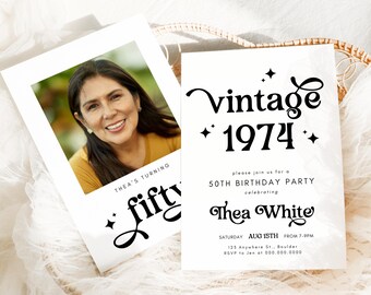 Personalized Year 50th Birthday Invitation, Vintage 1974 Invite, 50th Birthday Invite, Fifty Years Young, Boho 50th, 50th Bday Evite, Canva