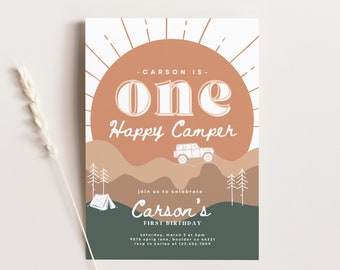 One Happy Camper First Birthday Party Invitations | Printable Instant Download | Editable Template