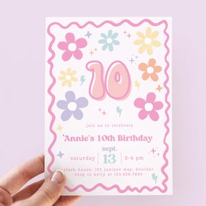 Bearbeitbare Daisy Floral 10. Geburtstagseinladung, Daisy Geburtstag, Tween Geburtstag einladen, Mädchen 10. Geburtstag Retro Sofort-Download