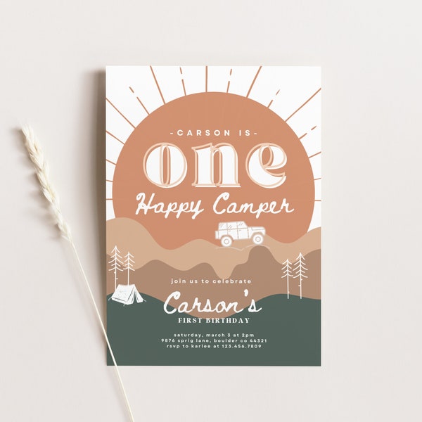 One Happy Camper First Birthday Party Invitations | Printable Instant Download | Editable Template