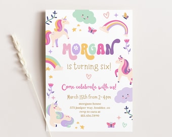 Editable Unicorn Birthday Invitation Magical Party Invite Girl Pink Pastel First Digital Unicorn Party Template Rainbow Canva Download