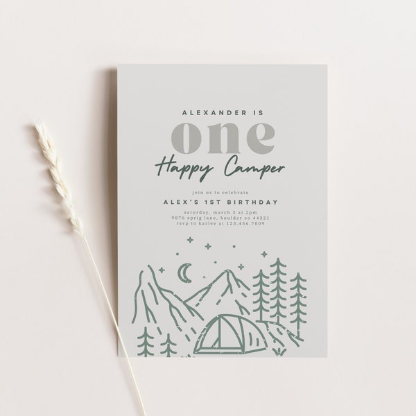 Boho One Happy Camper Birthday Invitation One Happy Camper Boy First Birthday Camping Birthday Editable Digital Template INSTANT DOWNLOAD