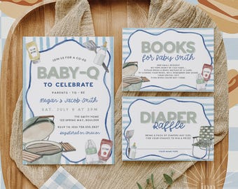 Grill Babyparty Einladung Set, Unisex Hinterhof Paare Baby Sprinkle, Grillparty Set, Junge Babyparty Bücher für Baby bearbeitbare Vorlage