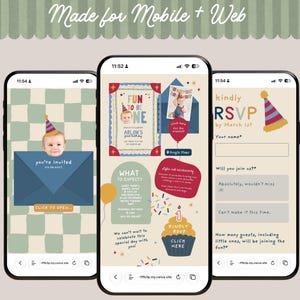 Op de afbeelding: Drie smartphones tonen een digitale website voor verjaardagsuitnodigingen. De schermen tonen een geblokte achtergrond, een blauwe envelop-afbeelding, feestdetails, een cupcake-icoon en een RSVP-formulier met tekst zoals Fun to be One.