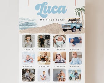 Op de afbeelding: Een gepersonaliseerde baby mijlpaal poster met de naam "Luca" in lichtblauwe letters. De poster heeft een strandthema met een vintage blauwe SUV met een surfplank, een palmboom en foto's van een baby van 1 tot 12 maanden.