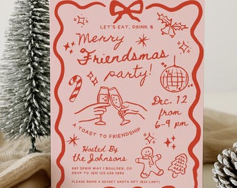 Friendsmas Christmas Party Invitation Template Whimsical Hand Drawn Festive Cocktail Xmas Holiday Invite, Gingerbread Digital Canva Download