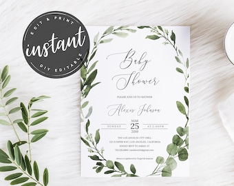 Baby Shower invitation, Greenery Baby Shower Invitation, Oh baby, baby shower, invitation, template, AI-30