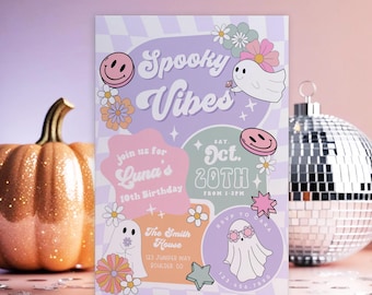 May include: A Halloween-themed invitation with the words "Spooky Vibes" in a playful font. The invitation features ghost illustrations, flowers, and the text "Luna's 10th Birthday". A disco ball and a glittery pumpkin are in the background.