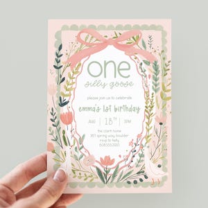One Silly Goose Birthday Invitation, First Birthday Girl Pink Invite Printable, Goose 1st Birthday, Goose Invitation Template Canva