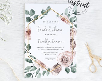 Bridal Shower invitation, BOHO Rose Floral Bridal Shower, Bridal shower, printable invitation, shower invitation, Editable template, AI-50