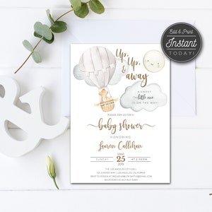 Editable Baby Shower invitation, Gender Neutral Baby Shower Invitation, Bear Baby Shower Hot Air Balloon, Up Up and Away, template 28 image 3