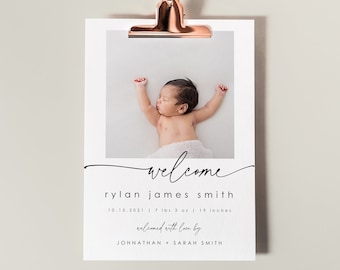 Minimalist Baby Announcement Card, Photo Birth Announcement Template, Newborn, Upload Your Photo, Instant Editable Download, 707