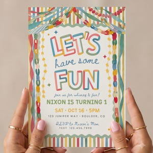 Färgglad och nyckfull rolig pojkfödelsedagsinbjudan, färgglad pojkfödelsedagsinbjudan, retrofest Canva-mall, alla åldrar, redigerbar Canva-mall