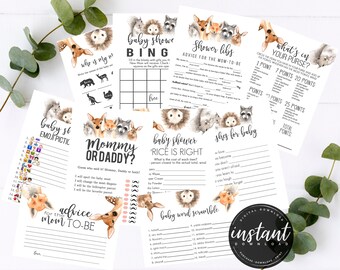 Paquete de juegos para baby shower de animales del bosque, descarga instantánea, imprimible, para niños de 4 a 7 años