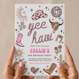 Editable Disco Cowgirl Birthday Invitation, Pink Rodeo Party Invite (Canva Template) image 1