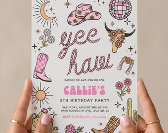 Invitación de cumpleaños editable con temática de vaquera disco, invitación a fiesta de rodeo rosa (plantilla de Canva)
