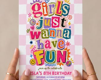 May include: A rectangular birthday invitation card with a light pink and white checkered background. The text reads Girls Just Wanna Have Fun in colorful, cutout-style letters, followed by Isla's 8th Birthday, Saturday, October 13 at 6pm, 123 Juniper Way, Boulder, and RSVP to 123.456.7890.