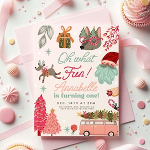Christmas Birthday Invite Template, Oh What Fun Pink Santa Birthday Party Invitation, Girl 1st Birthday invite, Christmas Birthday Evite