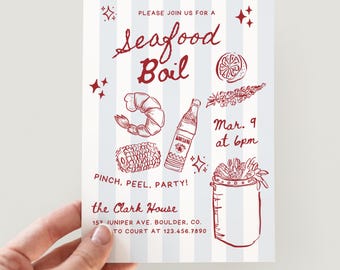 "Handgezeichnete Einladung ""Meeresfrüchte kochen"", Bayou Blues, Louisiana (Canva Template)"