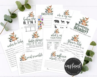 Woodland Baby Shower Games Bundle, Woodland Animal Baby Shower Games, Instant Download Greenery Baby Shower Game, Baby Shower games, 70