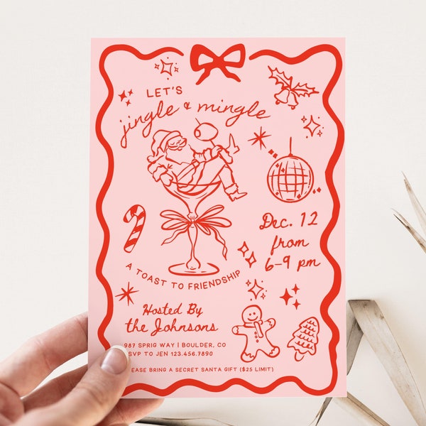 Jingle & Mingle Weihnachtsfeier laden ein Skurrile Hand Gezeichnete Festliche Friendsmas Cocktail Weihnachten Urlaub Dinner Party Santa Martini
