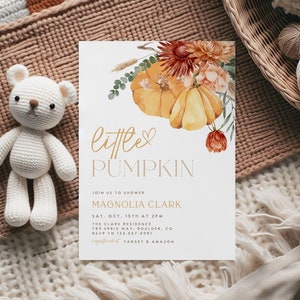 Invitation de douche de petite citrouille bohème, modèle modifiable d'herbe de la pampa, téléchargement immédiat, invitation de fleurs séchées bohème, Invitation de douche minimale