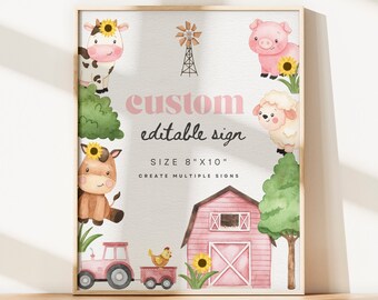 Könnte beinhalten: Druckbarer individueller Schild in der Größe 20,3 x 25,4 cm mit einem rosafarbenen Stall, einer Kuh, einem Schwein, einem Schaf, einem Pferd, einem Huhn und Sonnenblumen. Das Schild trägt die Aufschrift "custom editable sign" und "create multiple signs".