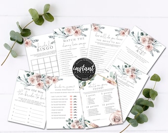 Boho Rose Bridal Shower Games Bundle, Floral Bridal Shower Games, Instant Download Bridal Shower Game, Printable, Shower games instant, 50