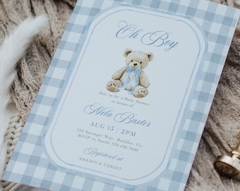 May include: A baby shower invitation with a blue gingham pattern and the words "Oh Boy." The invitation features a teddy bear illustration and event details. A gold wax seal is on the right.