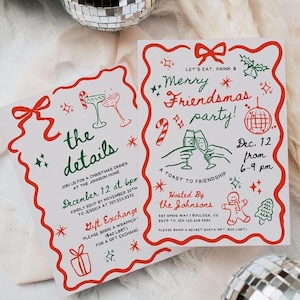Modèle d'Invitation fête de Noël Friendsmas, Friendsmas inviter, vacances de Noël fantaisistes inviter des cocktails téléchargement numérique Evite