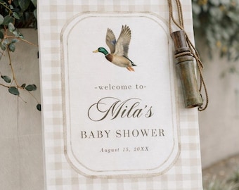 Mallard Baby Shower Welcome Sign Mallard Duck Baby Shower Welcome, Gingham Duck Hunting invite, Duck Baby Shower Boy Hunting Duck 283